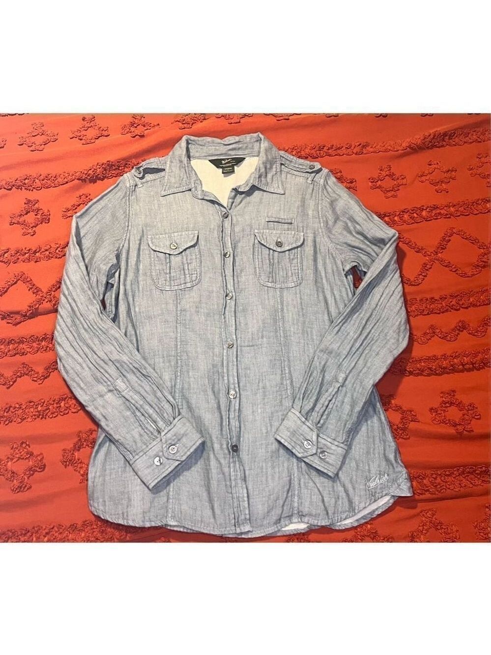 Woolrich button down denim color XXL. Logo embroidered shirt tail. Cotton India